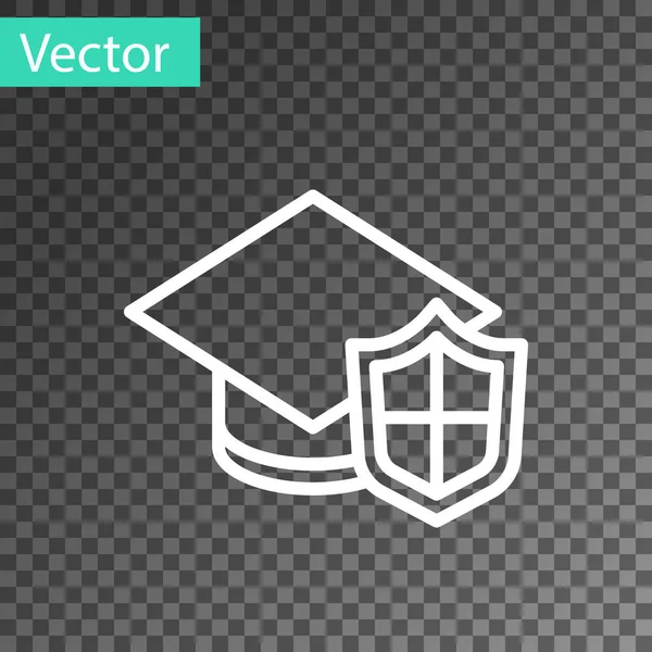 Línea Blanca Tapa Graduación Con Icono Escudo Aislado Sobre Fondo — Vector de stock