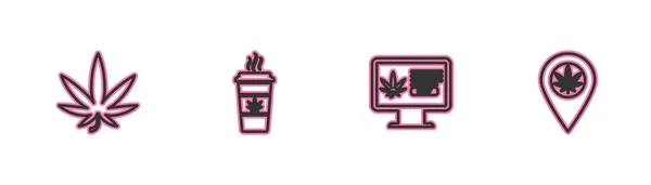 Ρυθμίστε Γραμμή Μαριχουάνα Φύλλα Κάνναβης Online Αγορά Μαριχουάνας Καφέ Κύπελλο — Διανυσματικό Αρχείο