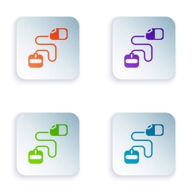 Beyaz arkaplanda izole edilmiş karabinalı renkli ip tasması. Evcil köpek liderliği. Açık hava yürüyüşü için hayvan aksesuarı. Kare düğmelere renkli simgeleri yerleştir. Vektör.