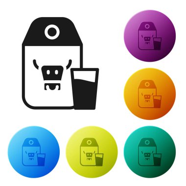 Süt ve cam ikonu için siyah kağıt paketi beyaz arka planda izole edildi. Süt paketi işareti. Simgeleri renk daire düğmelerine ayarla. Vektör.