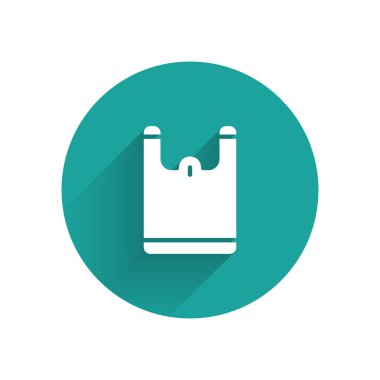 Beyaz plastik torba simgesi uzun gölgeli izole edilmiş. Tek kullanımlık selofan ve politen paket yasaklama işareti. Yeşil daire düğmesi. Vektör.