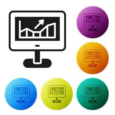 Borsa büyüme grafikleri ve beyaz arka planda izole edilmiş para ikonu olan kara bilgisayar. Ekranda ok grafikleri olan bir monitör. Simgeleri renk daire düğmelerine ayarla. Vektör.