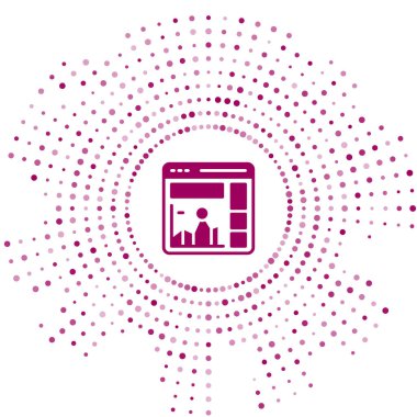 Borsa büyüme grafikleri ve beyaz arka planda izole para ikonu olan mor web sitesi. Ekranda ok grafikleri olan bir monitör. Soyut çember rastgele noktalar. Vektör.