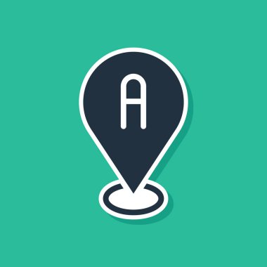 Mavi Harita iğne simgesi yeşil arkaplanda izole edildi. Navigasyon, işaret, konum, harita, GPS, yön, yer, pusula, arama konsepti. Vektör.