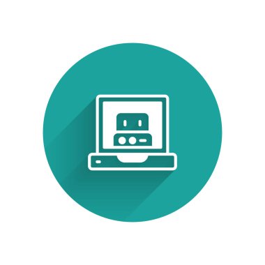 Beyaz, uzun gölgeli bir robot simgesi oluşturuyor. Yapay zeka, makine öğrenme, bulut hesaplama. Yeşil daire düğmesi. Vektör.