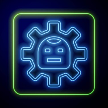 Parlayan neon robot simgesi mavi arkaplanda izole edildi. Yapay zeka, makine öğrenme, bulut hesaplama. Vektör.