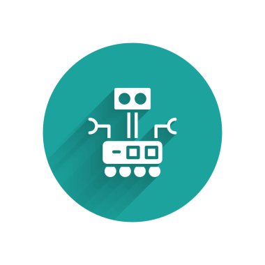 Beyaz Robot simgesi uzun gölgelerle izole edilmiş. Yapay zeka, makine öğrenme, bulut hesaplama. Yeşil daire düğmesi. Vektör.
