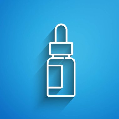 Mavi arka planda beyaz çizgi esansiyel yağ şişesi simgesi var. Organik aromaterapi özü. Cilt bakımı serumu cam bırakma paketi. Uzun gölge. Vektör.