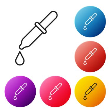 Siyah çizgi Pipette simgesi beyaz arkaplanda izole edildi. Tıbbi elementler, kimya laboratuarı ekipmanları. Damlalı boru. Tıp sembolü. Renkli daire düğmelerini ayarlayın. Vektör.