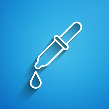 Beyaz çizgi Pipette simgesi mavi arkaplanda izole edildi. Tıbbi elementler, kimya laboratuarı ekipmanları. Damlalı boru. Tıp sembolü. Uzun gölge. Vektör.