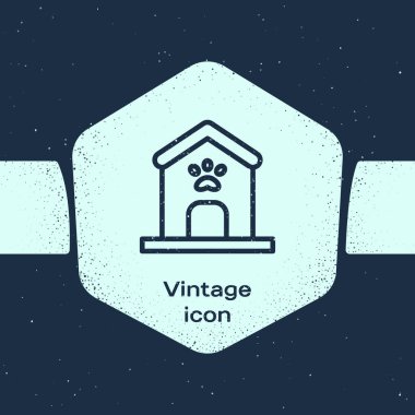 Grunge Line Köpek Evi ve pati izi ikonu mavi arka planda izole edilmiş. Köpek kulübesi. Tek renkli klasik çizim. Vektör.