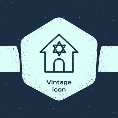 Grunge hattı Yahudi sinagogu binası ya da mavi arka planda izole edilmiş Yahudi tapınağı ikonu. David Star 'la İbranice ya da Yahudilik inşaatı. Tek renkli klasik çizim. Vektör.