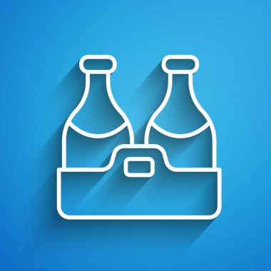 Beyaz çizgi şampanya şişesi ikonu mavi arka planda izole edilmiş. Mutlu Noeller ve mutlu yıllar. Uzun gölge. Vektör.