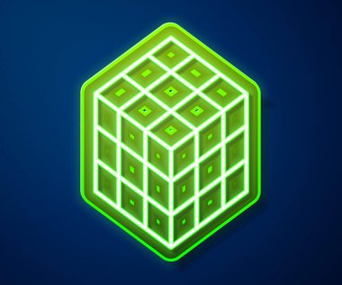 Parlayan neon çizgisi Rubik küp simgesi mavi arkaplanda izole edildi. Mekanik yapboz oyuncağı. Rubik 'in 3 boyutlu küp kombinasyon bulmacası. Vektör.