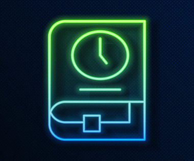 Parlayan neon hattı mavi arkaplanda izole edilmiş kitap simgesi zamanı. Vektör.