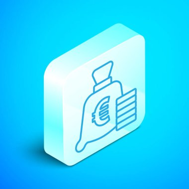 Mavi arka planda izole edilmiş avro sembollü Isometric line Coin parası. Bankacılık işareti. Para sembolü. Gümüş kare düğme. Vektör.