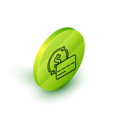 Isometric çizgi kredi kartı simgesi beyaz arkaplanda izole edildi. Çevrimiçi ödeme. Nakit çekilmesi. Finansal operasyonlar. Alışveriş tabelası. Yeşil daire düğmesi. Vektör.