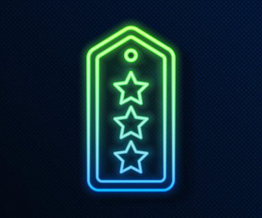 Parlayan neon hattı askeri rütbe ikonu mavi arka planda izole edildi. Askeri rozet işareti. Vektör.