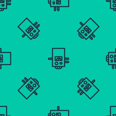 Yanan ateş ikonuna sahip mavi çizgili gaz kazanı yeşil arka planda izole edilmiş pürüzsüz desen. Vektör.