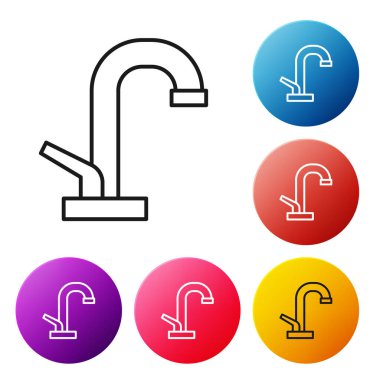 Siyah çizgi su musluğu simgesi beyaz arkaplanda izole edildi. Renkli daire düğmelerini ayarlayın. Vektör.