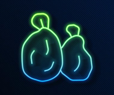 Parlayan neon hattı çöp torbası simgesi mavi arkaplanda izole edildi. Vektör.