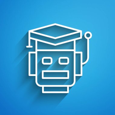 Beyaz çizgi robot simgesi mavi arkaplanda izole edildi. Yapay zeka, makine öğrenme, bulut hesaplama. Uzun gölge. Vektör.