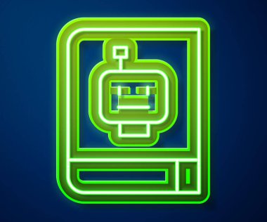 Parlayan neon hattı Kullanıcı elle simgesi mavi arkaplanda izole edildi. Kullanıcı rehberi kitabı. Talimat işareti. Kullanmadan önce oku. Vektör.