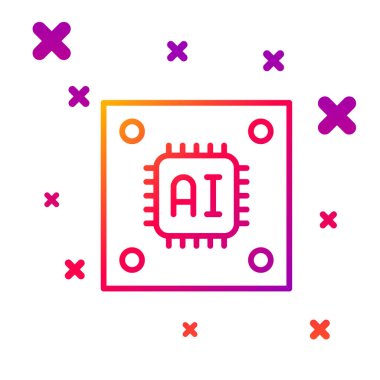 Beyaz arkaplanda izole edilmiş mikro devre işlemci simgesine sahip renkli bilgisayar işlemcisi. Devre kartı işaretli çip ya da işlemci. Mikro işlemci. Kademeli rastgele dinamik şekiller. Vektör.