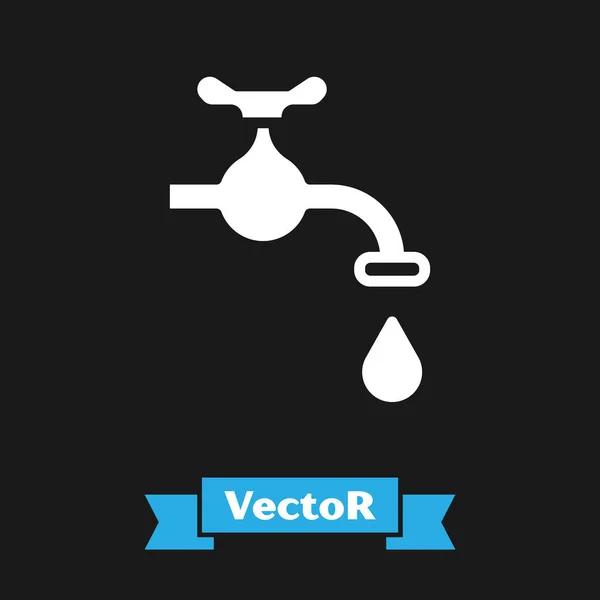 Weißwasserhahn Mit Fallendem Wassertropfen Symbol Auf Schwarzem Hintergrund Vektor — Stockvektor
