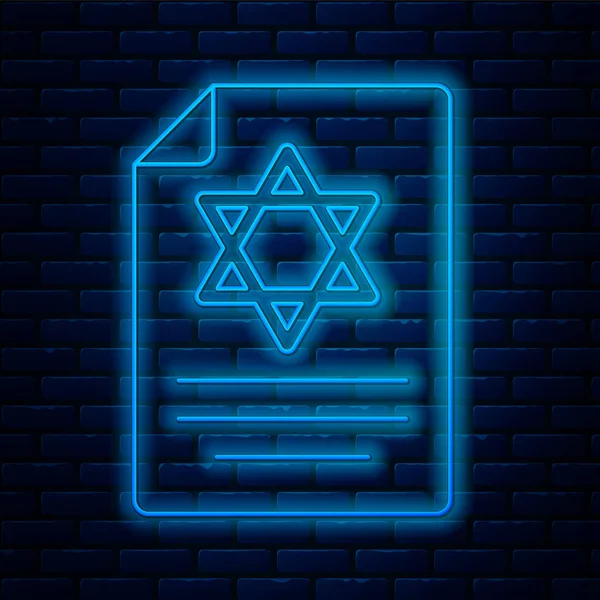 Glödande Neon Linje Torah Scroll Ikon Isolerad Tegelvägg Bakgrund Judisk — Stock vektor