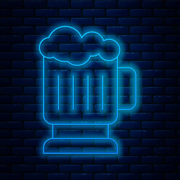 Glowing Neon Line Wooden Beer Mug Icon Isolated Brick Wall — Stock Vector