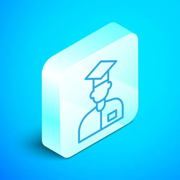 Isometric Line Laboratory Assistant Icon Isolated Blue Background Silver Square — Stock Vector