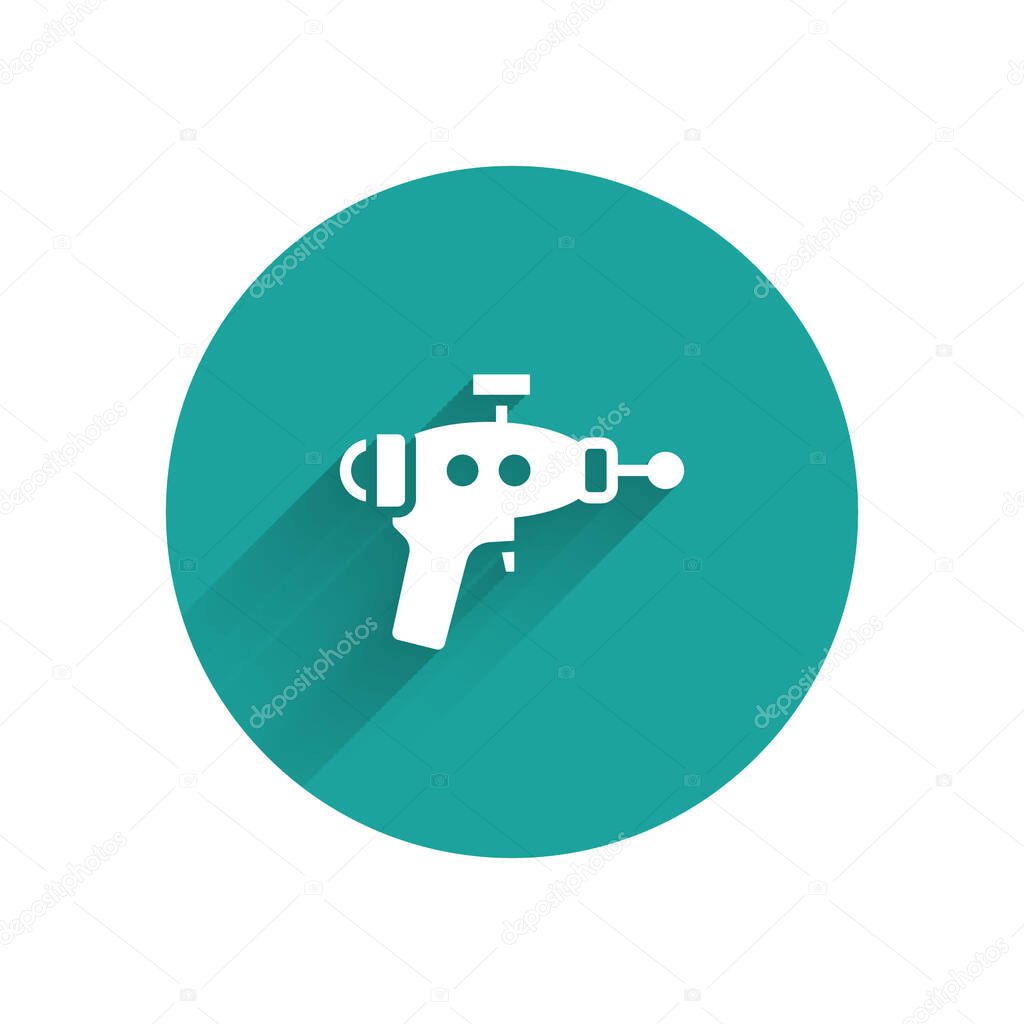White Ray gun icon isolated with long shadow. Laser weapon. Space blaster. Green circle button. Vector.