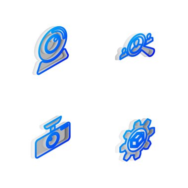 Arama görevlileri, web kamerası, otomobil DVR ve ürün geliştirme ikonu için Isometric hat büyüteç ayarlayın. Vektör.