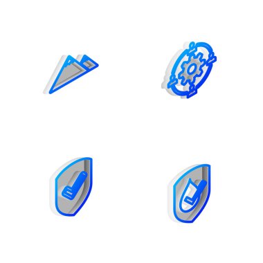 Isometric hattı dış kaynak konseptini dağları, işaretli kalkanı ve su geçirmez simgeyi ayarla. Vektör.