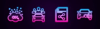 Metan emisyonunu azaltma, araba paylaşımı, dosya paylaşımı ve... Parlayan neon ikonu. Vektör.