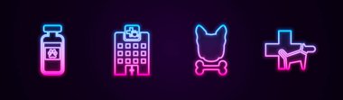 Hayvan tüpleri, veteriner tıp hastanesi, köpek, kemik ve klinik. Parlayan neon ikonu. Vektör.