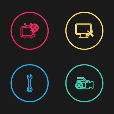 Satır anahtarı, video kamera servisi, bilgisayar monitörü ve televizyon simgesi ayarla. Vektör.