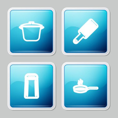 Yemek pişirme kabı, rende, tuz, biber ve kızartma tavası ikonu. Vektör.