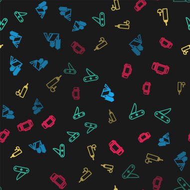 Sıralı turist çadırı, İsviçre çakısı, termos konteynırı ve pürüzsüz şablon. Vektör.