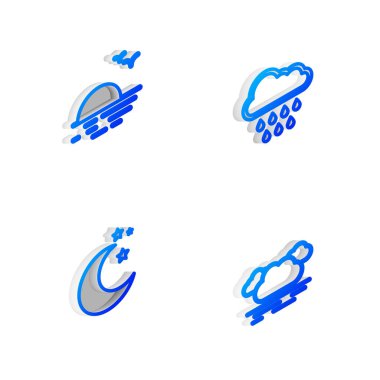 Isometric hattını yağmur, günbatımı, ay, yıldızlar ve ikon ile ayarla. Vektör.