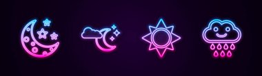 Ay ve yıldızlar, bulutlar ay, güneş ve yağmur. Parlayan neon ikonu. Vektör.