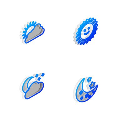 Isometric Line Sun 'ı ayarlayın, ve bulutlu hava, ay yıldızlı bulut ve ay ikonu. Vektör.
