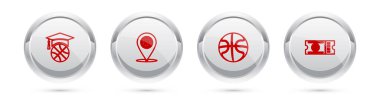 Set çizgisi basketbol antrenmanı, basketbollu konum ve maç bileti. Gümüş halka düğmesi. Vektör.