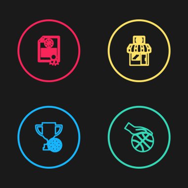 Basketbol topu, el, spor mağazası ve sertifika ödül ikonu ile ödül kupası ayarla. Vektör.