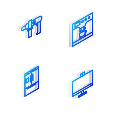 Isometric hattı kahve makinesini, fincanı, elektrikli matkabı, buzdolabını ve bilgisayar monitörü simgesini ayarla. Vektör.