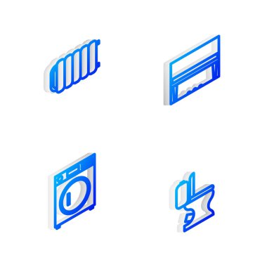 Isometric hattı Grand piyano, ısıtma radyatörü, çamaşır makinesi ve klozet ikonu ayarla. Vektör.