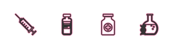 Set Line Spritze Medizinflasche Medikamentenfläschchen Ampulle Und Dna Forschung Suchsymbol — Stockvektor