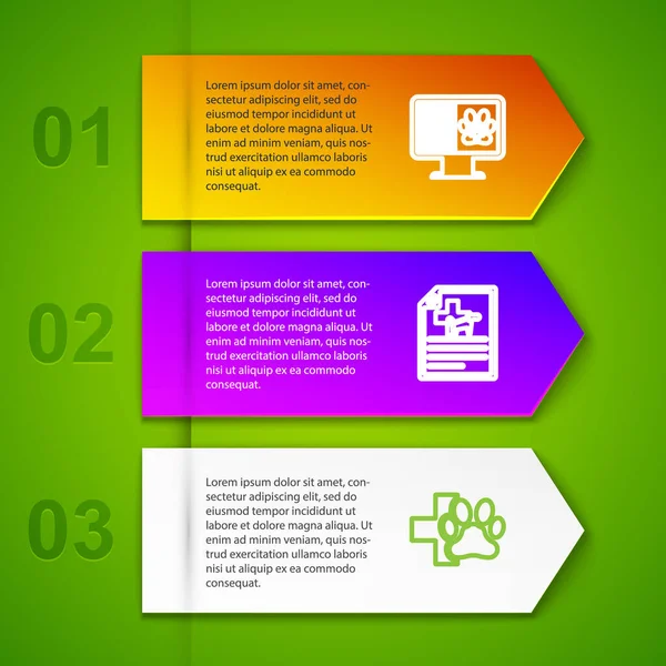 Hat klinik kayıt hayvanını monitöre, köpek kedisine tıbbi sertifika veteriner kliniğine ve pati izine ayarla. Ticari bilgi şablonu. Vektör.