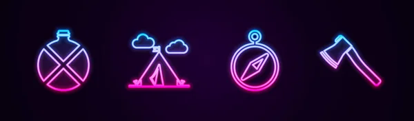 设置线餐厅水瓶 旅游帐篷与国旗 指南针和木制斧头 发光的霓虹灯图标 — 图库矢量图片